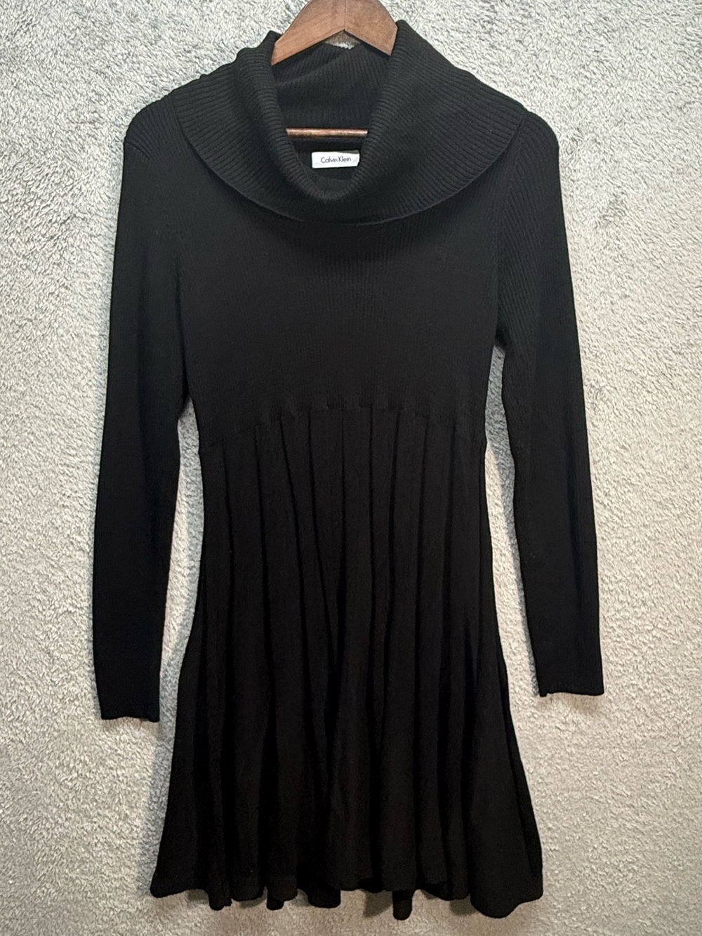 Calvin Klein Black Knit Cowl Neck Sweater Dress Ribbed Long Sleeve Pleated Flare
